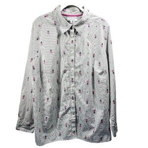 Foxcroft Women Blouse 16 W Relaxed Pink Gray Pineapples Button Up Long Sleeve